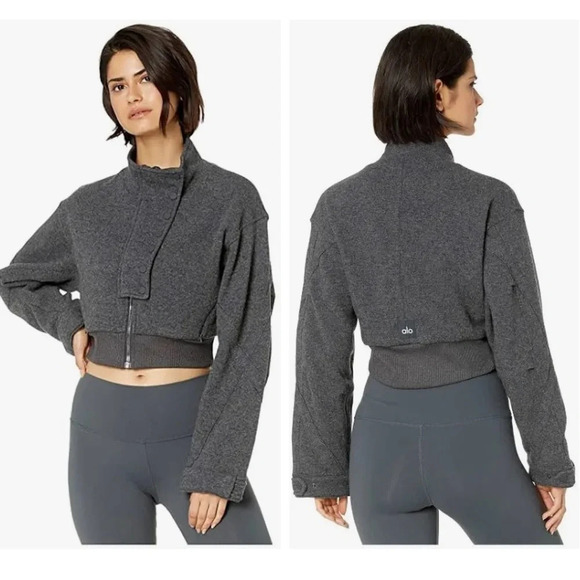 ALO Yoga Anthracite Heather Grey Cropped Strut This Jacket Activewear Women’s XS - Picture 1 of 12